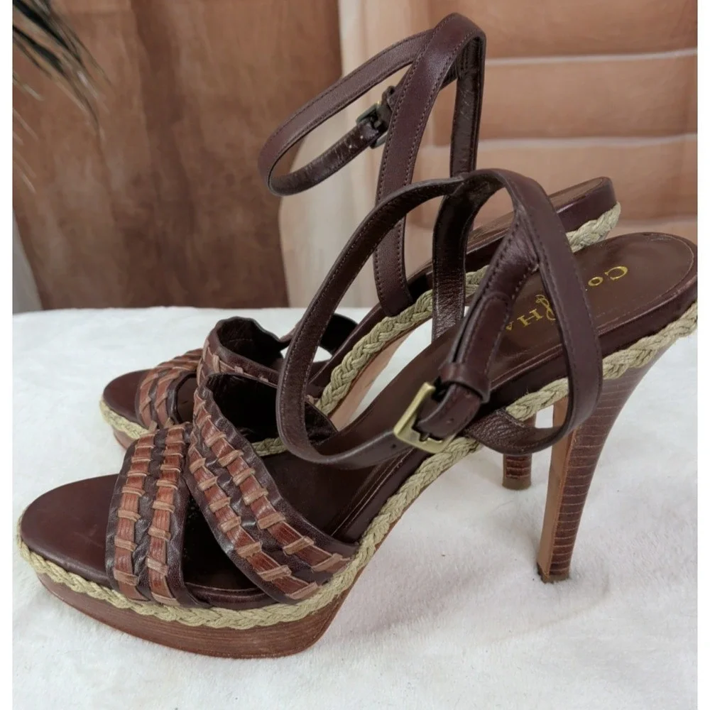 Cole Haan Vanessa Brown Woven Leather Platform Stiletto Heeled Sandals